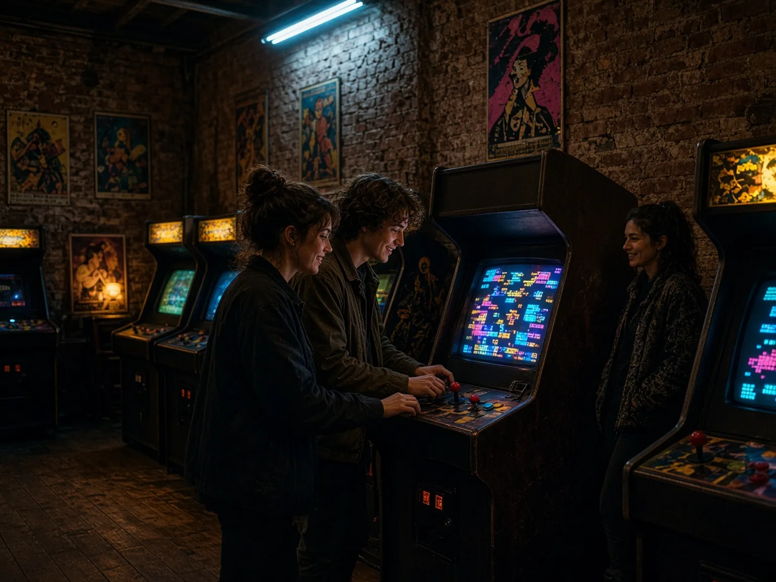 Emberek retro árkádgépeken játszanak egy budapesti játékteremben