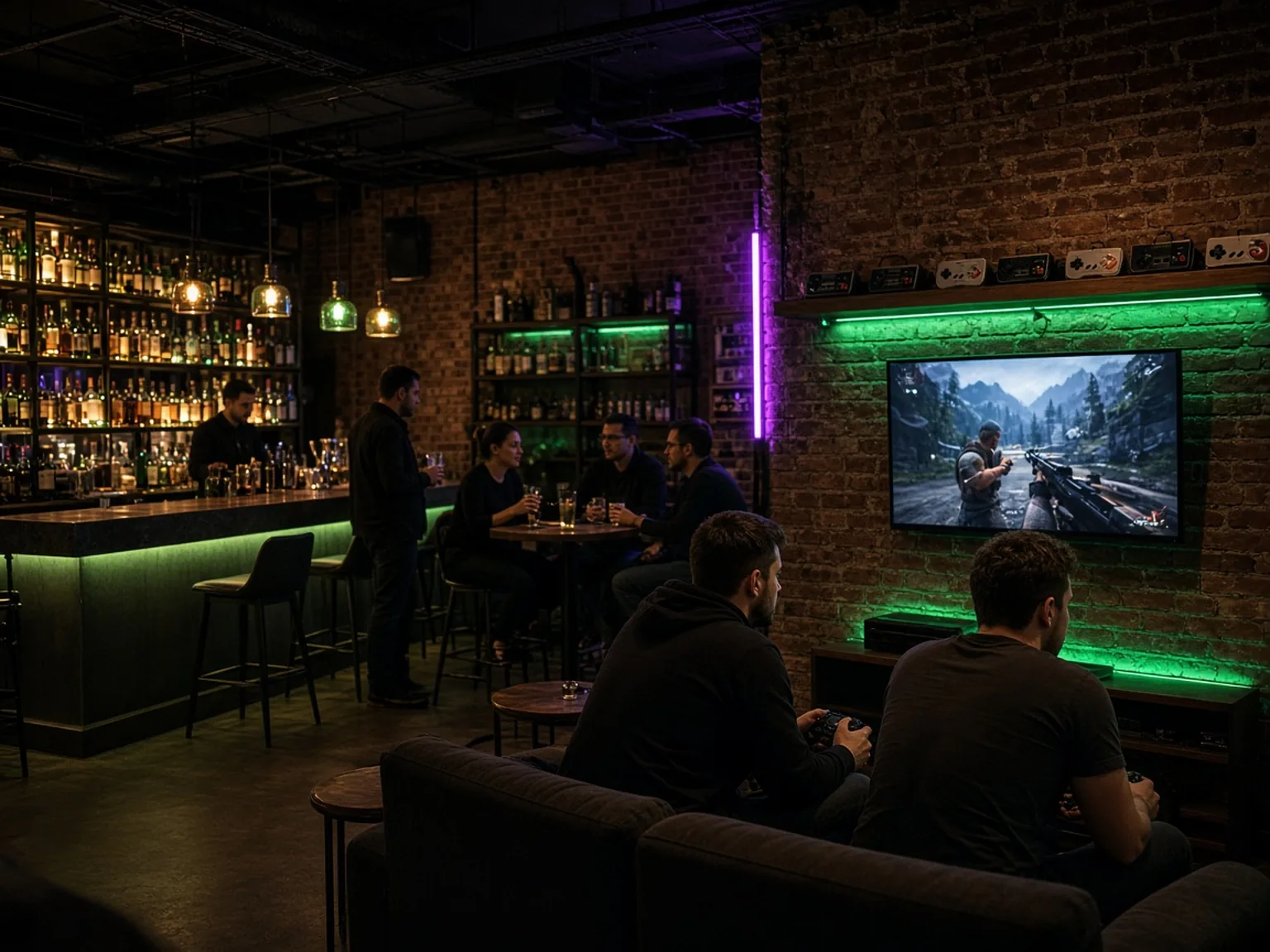 Modern budapesti gaming bár konzollal, pulttal és beszélgető vendégekkel