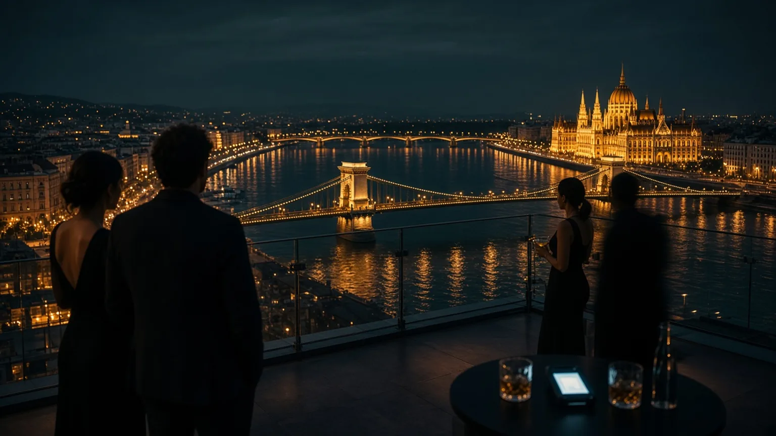Budapest éjszakai panorámája a Duna felett, kortárs játékos hangulattal