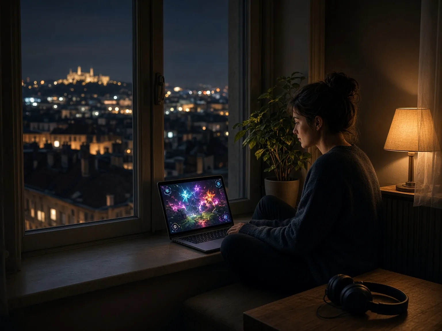 Nyugodt esti online játék egy budapesti lakásban, városi fényekkel a háttérben